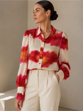 Watercolor Red & Ivory Blouse | Statement Print | Covered Buttons | Medium